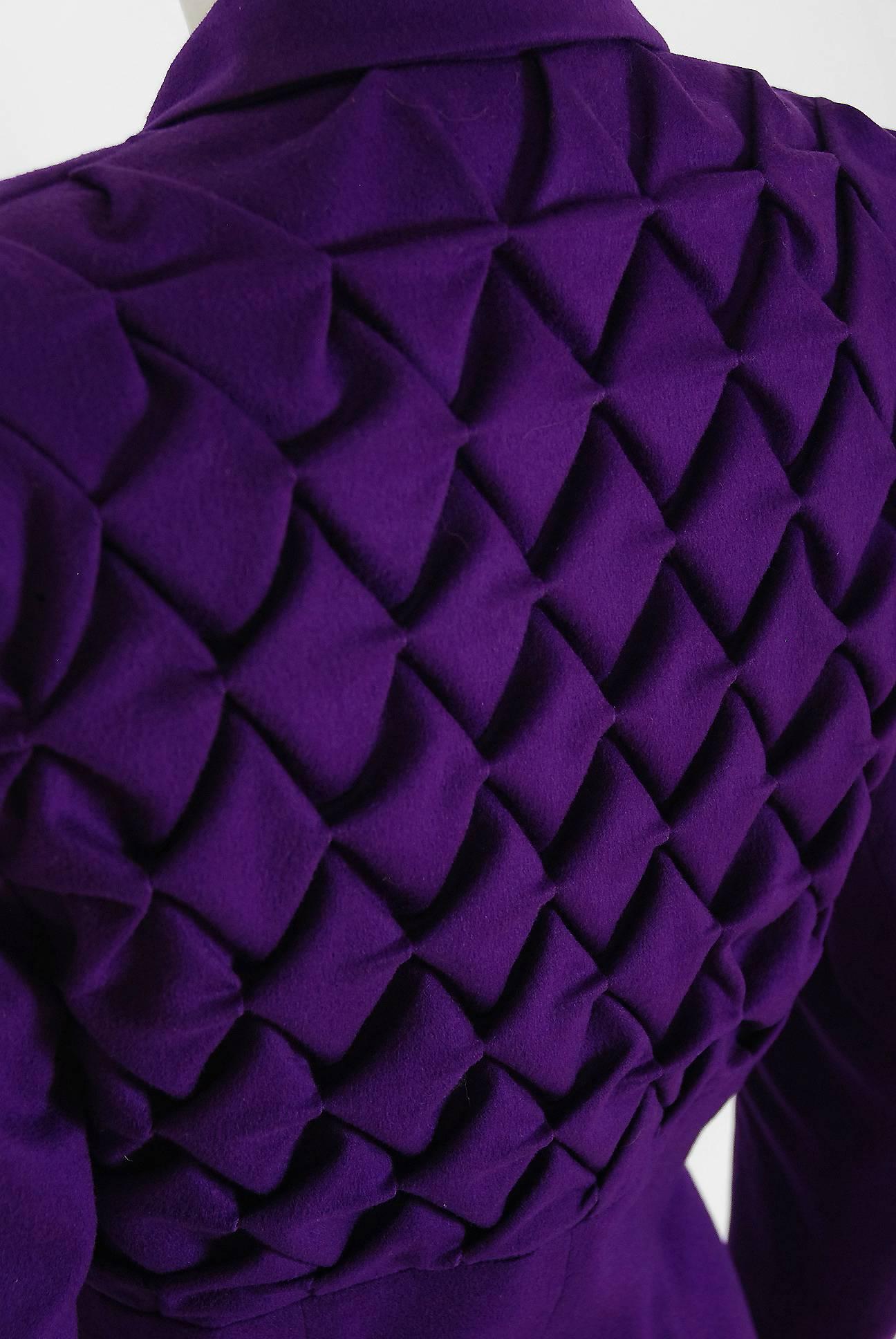 1940's Lilli-Ann Purple Ruched Wool Rhinestone Tailored Hourglass Skirt Suit   1