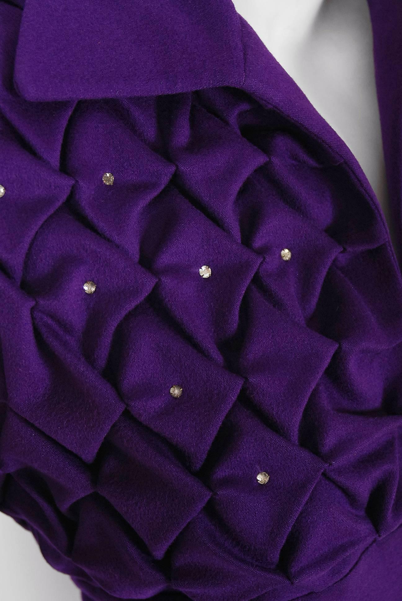 1940's Lilli-Ann Purple Ruched Wool Rhinestone Tailored Hourglass Skirt Suit   In Excellent Condition In Beverly Hills, CA