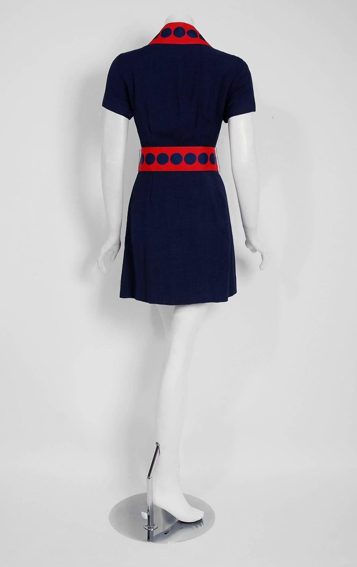 Women's Richard Frontman Navy and Red Silk Linen Graphic Space Age Belted Dress, 1960s