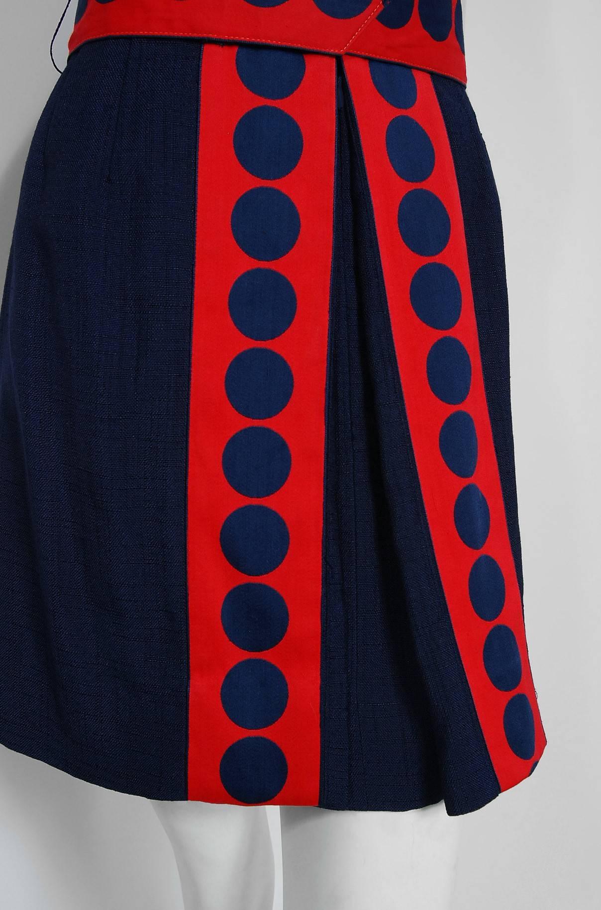 Richard Frontman Navy and Red Silk Linen Graphic Space Age Belted Dress, 1960s In Excellent Condition In Beverly Hills, CA