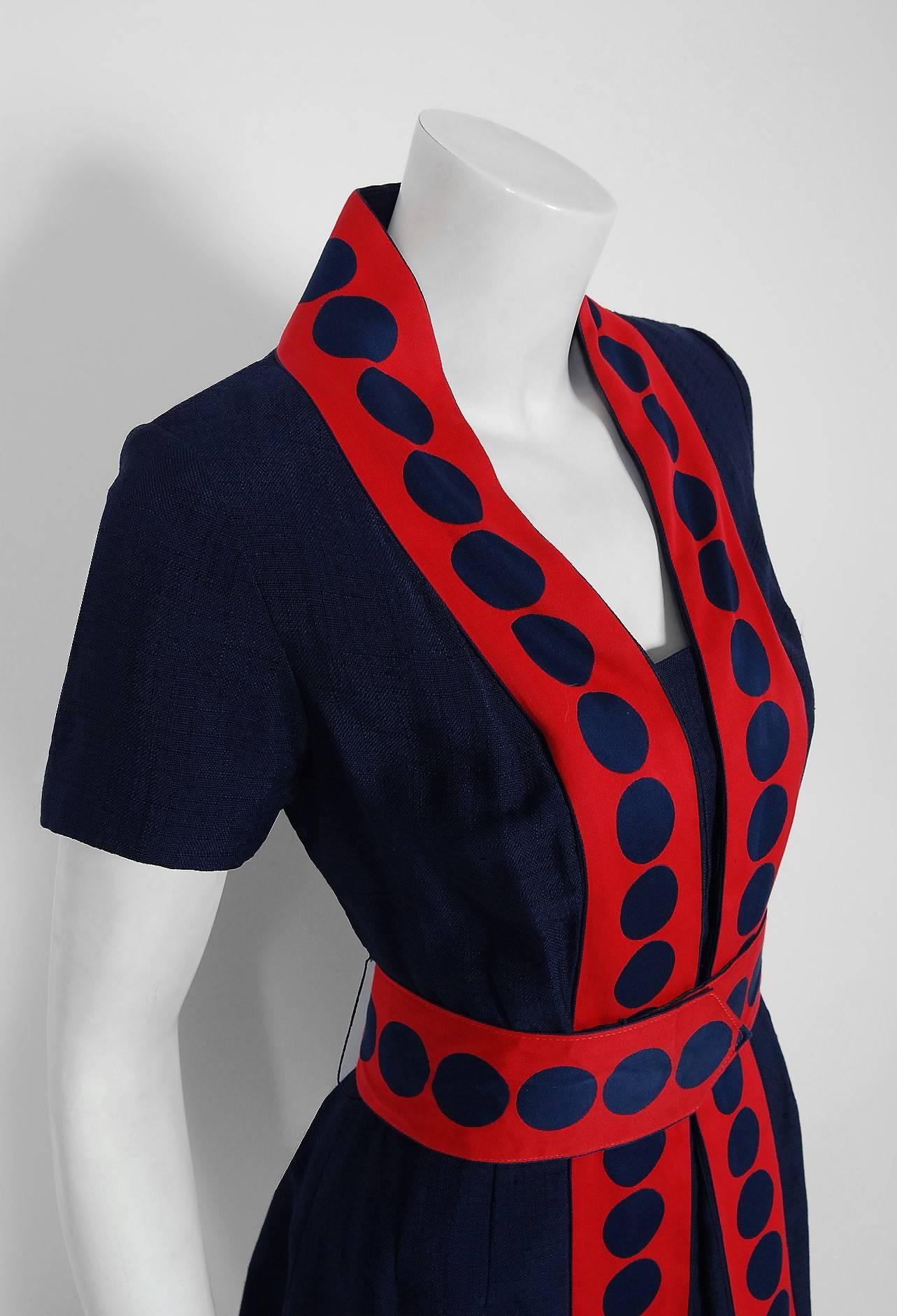 Black Richard Frontman Navy and Red Silk Linen Graphic Space Age Belted Dress, 1960s