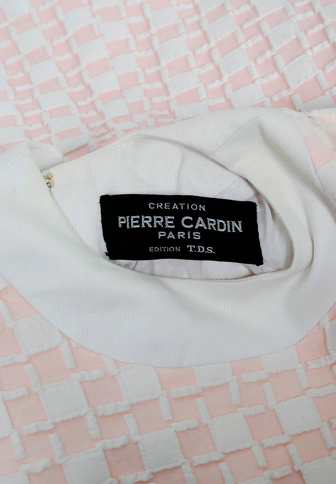 Beige Vintage 1966 Pierre Cardin Pink & White Textured Cotton Space-Age Mod Mini Dress