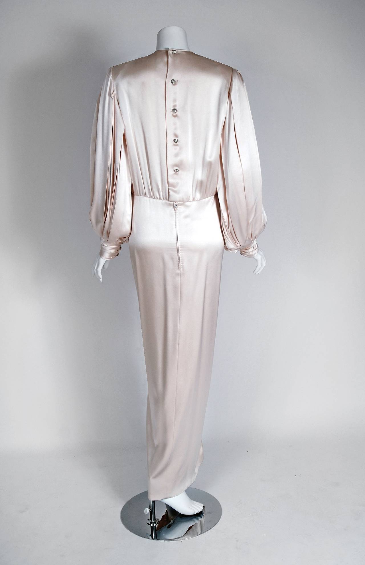 1970's Galanos Ivory-White Satin Beaded Butterfly Billow-Sleeves Draped Gown In Excellent Condition In Beverly Hills, CA