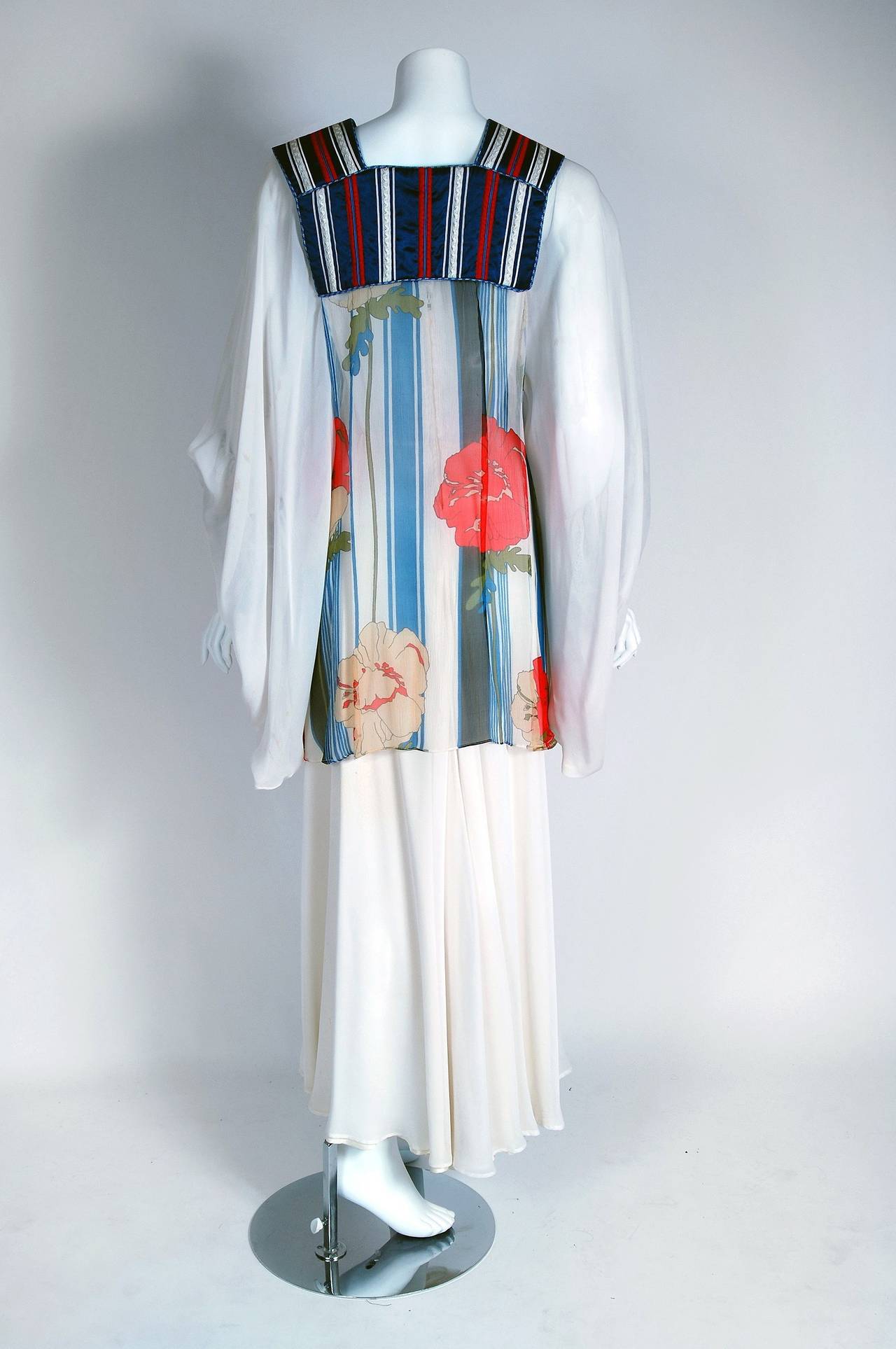 Women's 1970's Marisa Martin White Floral Chiffon Billow-Sleeve Bohemian Caftan Dress