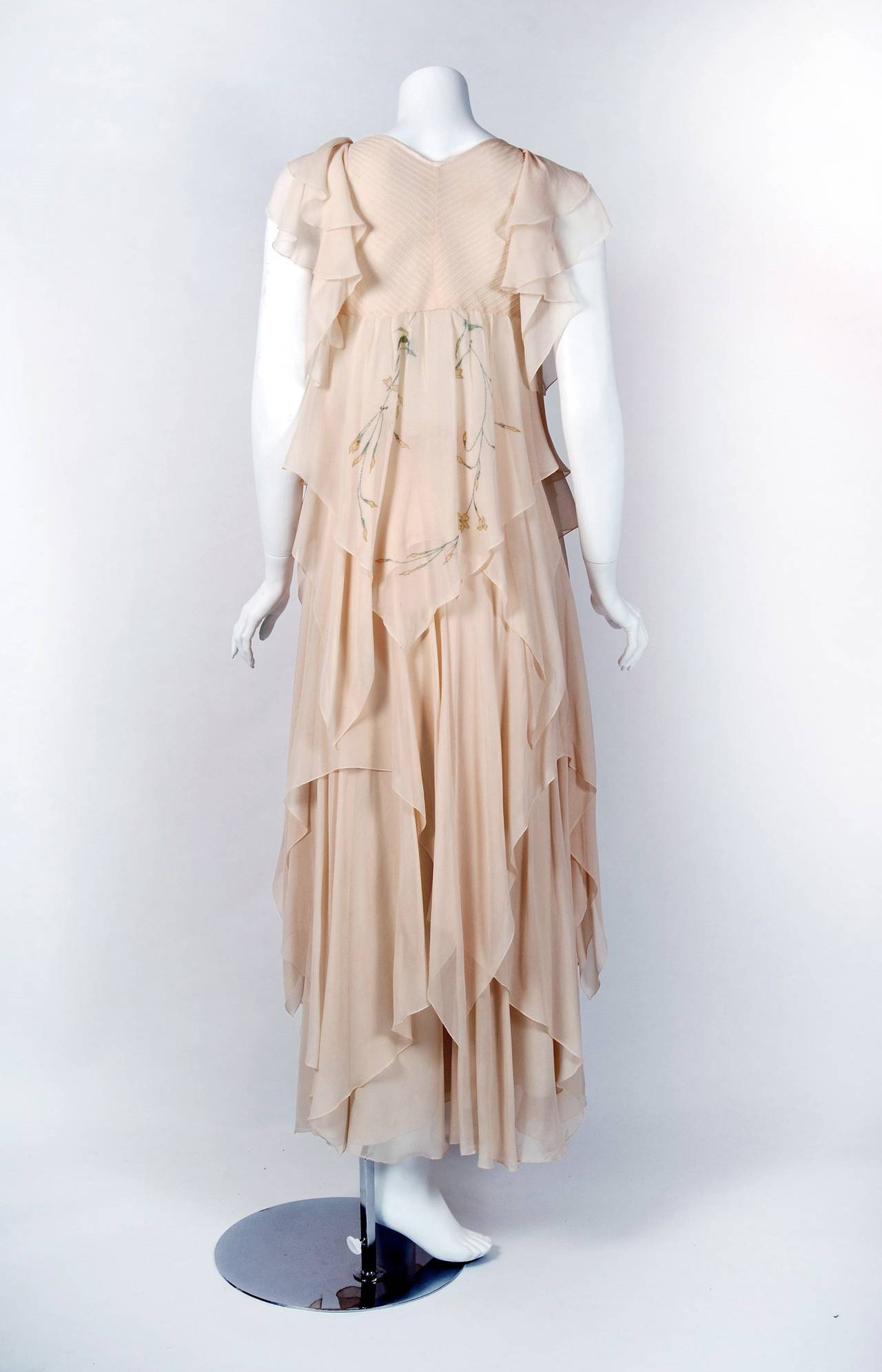 1970's Ethereal Creme Floral Silk-Chiffon Pintuck Low-Plunge Tiered Dress Set 1