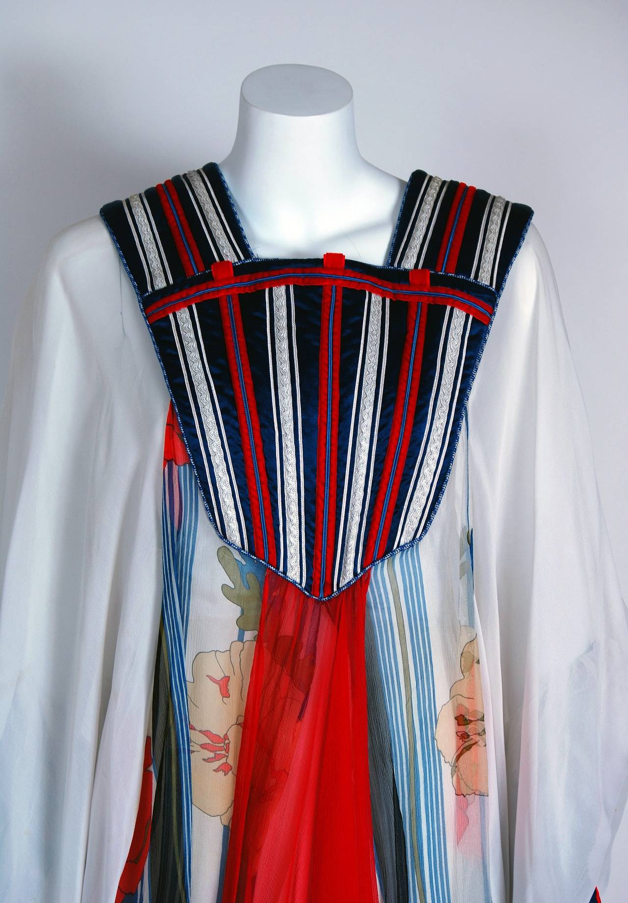 Gray 1970's Marisa Martin White Floral Chiffon Billow-Sleeve Bohemian Caftan Dress