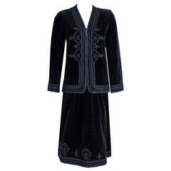 Vintage 1976 Yves Saint Laurent Embroidered Black Velvet Bohemian Russian Jacket & Skirt