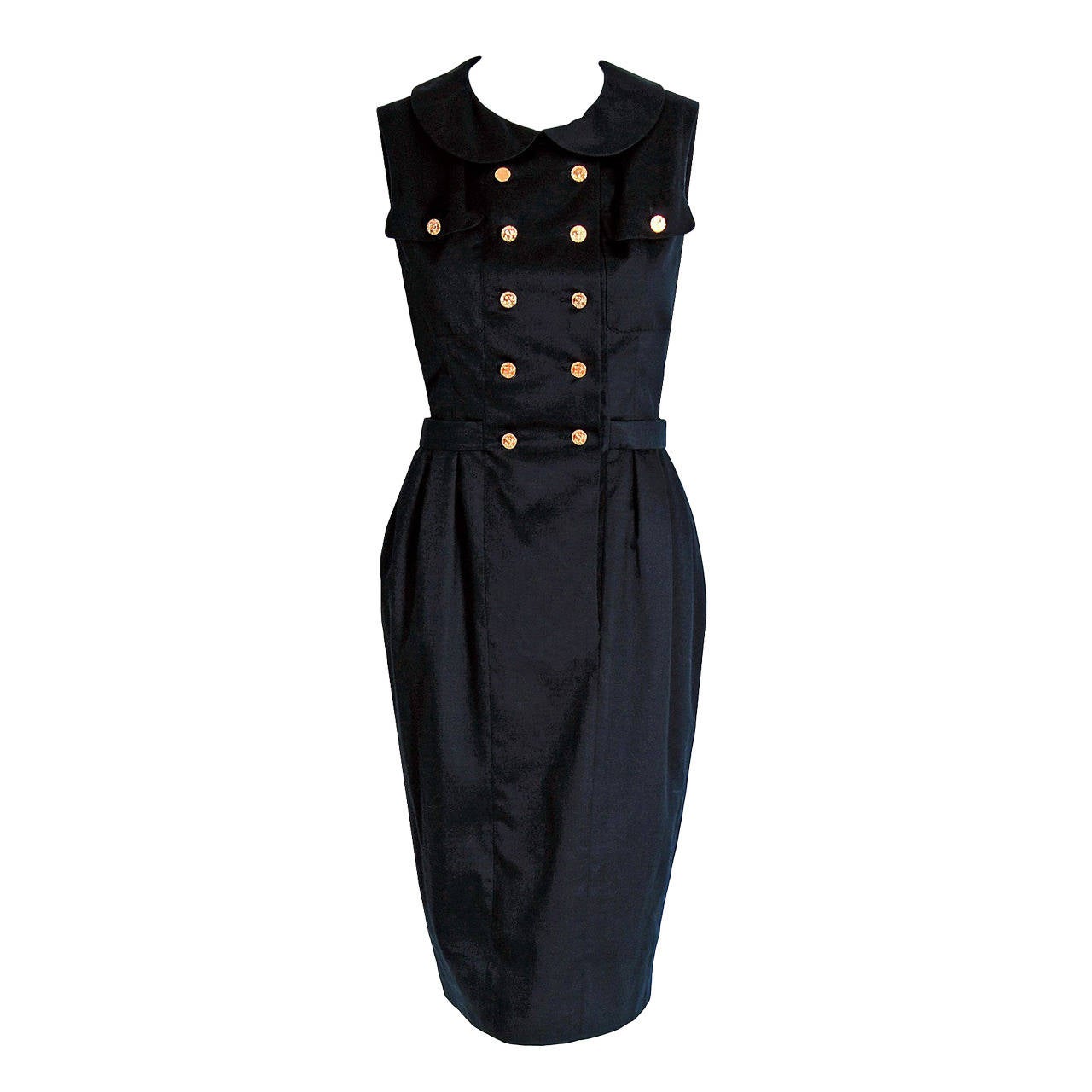 1990's Chanel Black Cotton Double-Breasted Military Belted Hourglass Dress