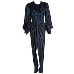 1970's Galanos Black Satin Beaded Butterfly Billow-Sleeves Draped Evening Gown
