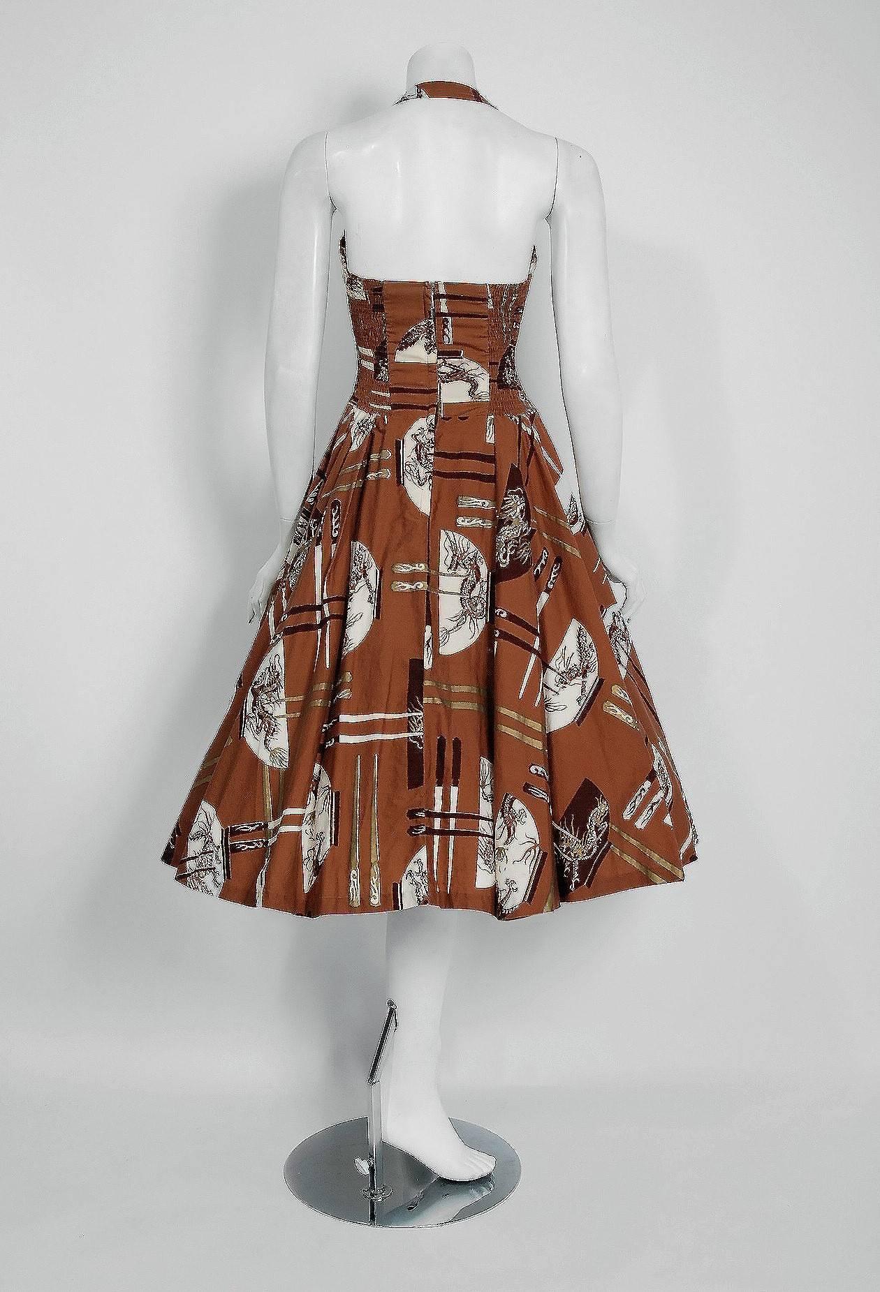1950's Alfred Shaheen Hawaiian Metallic Brown Novelty Print Cotton Halter Dress In Excellent Condition In Beverly Hills, CA