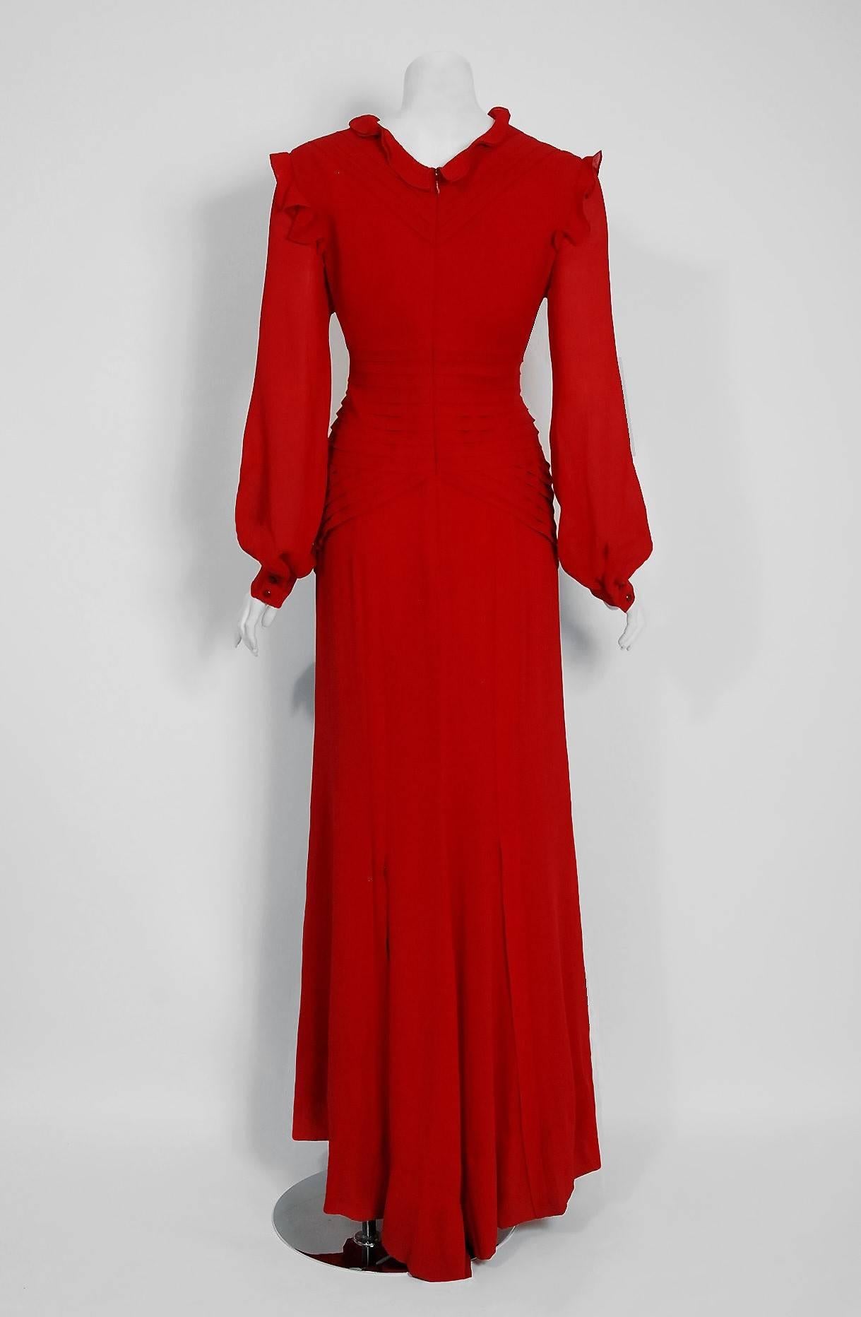 2005 Carolina Herrera Ruby Red Silk Ruffle Plunge Billow Sleeve Full Length Gown 1