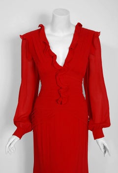 2005 Carolina Herrera Ruby Red Silk Ruffle Plunge Billow Sleeve Full Length Gown
