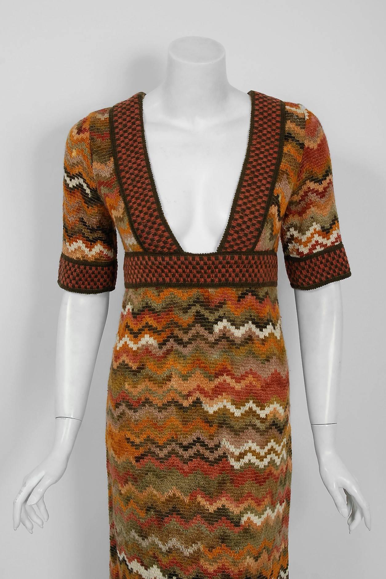 1970's Jean Varon Colorful Ombre Wool Knit Bohemian Low-Cut Plunge Maxi Dress In Excellent Condition In Beverly Hills, CA