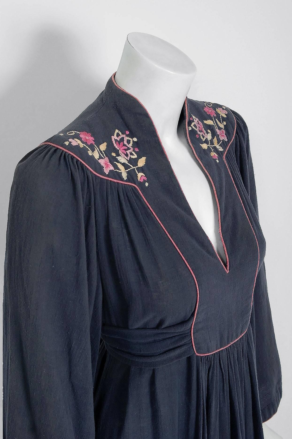 Black 1970's Ossie Clark Embroidered Floral Grey Cotton Gauze Plunge Belted Dress