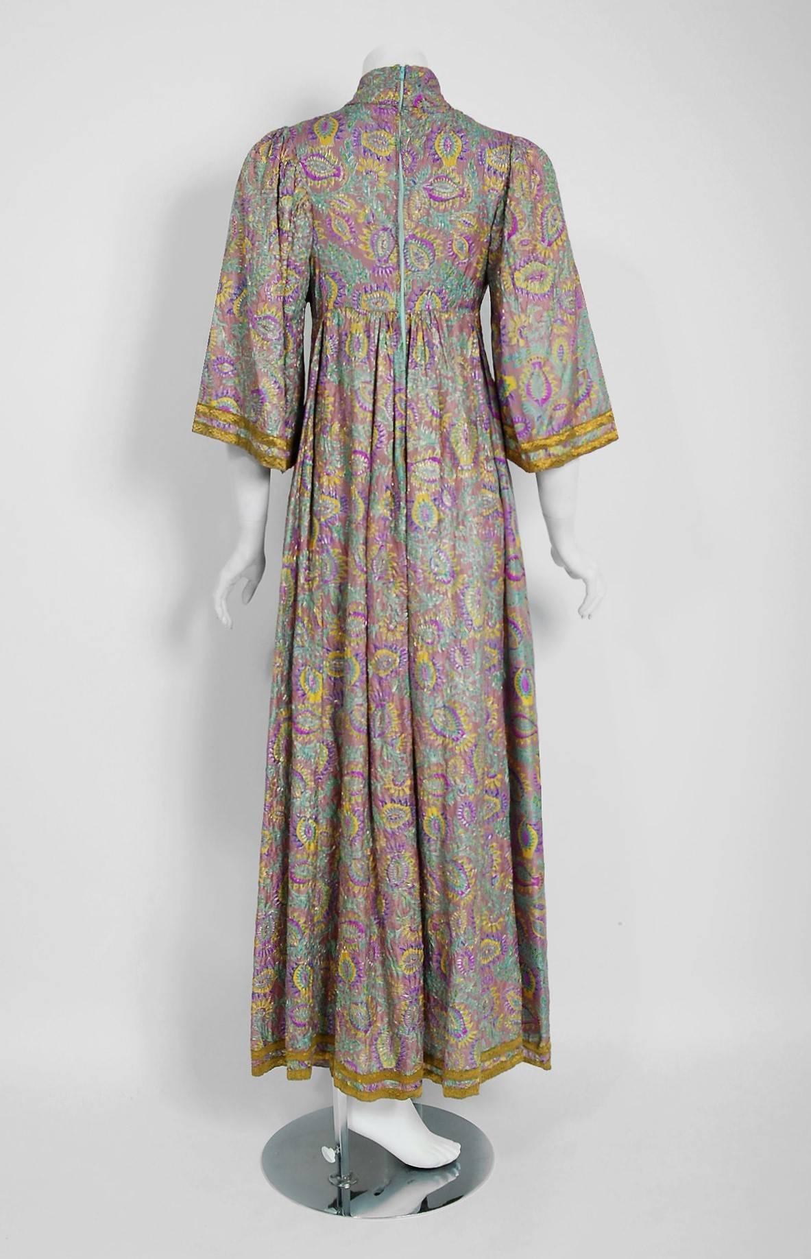 Women's 1970 Thea Porter Couture Metallic Embroidered Floral Silk Flutter-Sleeve Dress