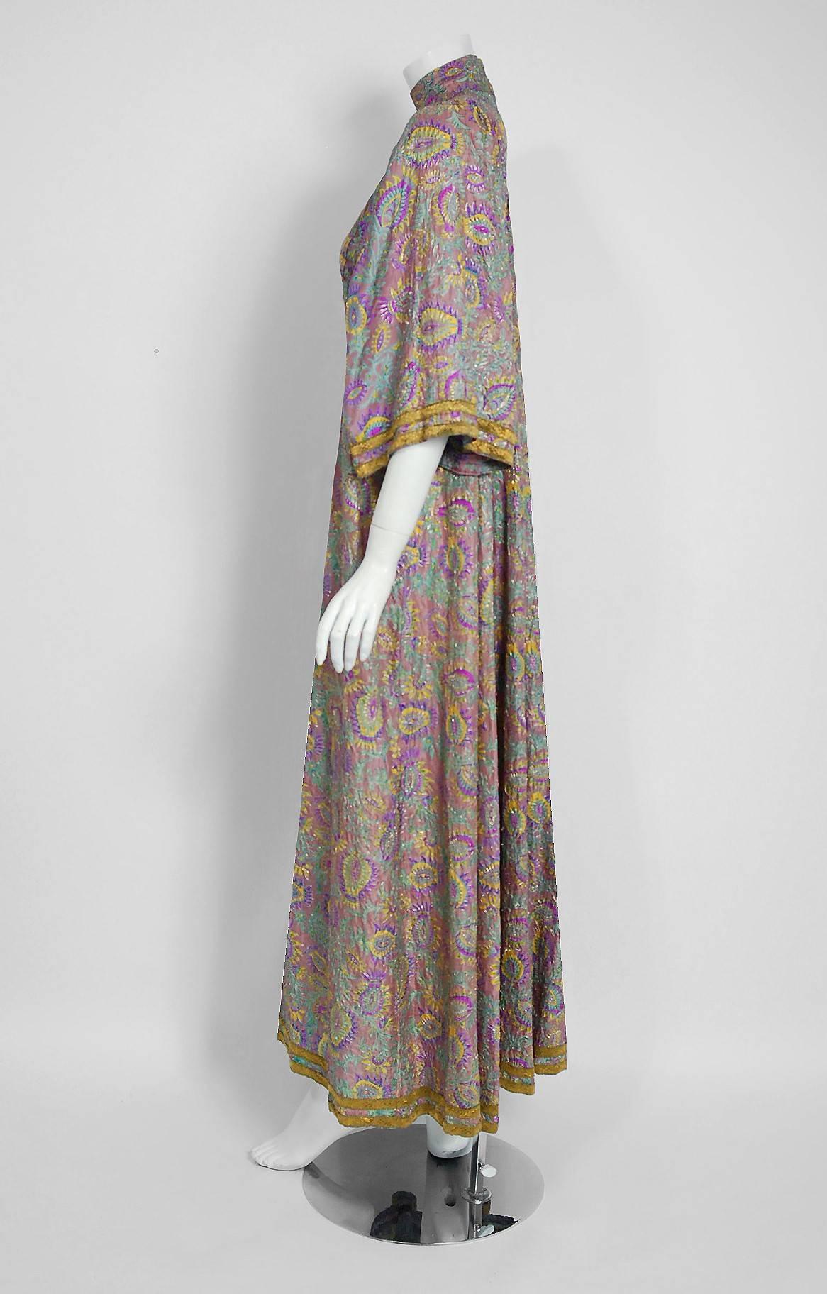 1970 Thea Porter Couture Metallic Embroidered Floral Silk Flutter-Sleeve Dress 1