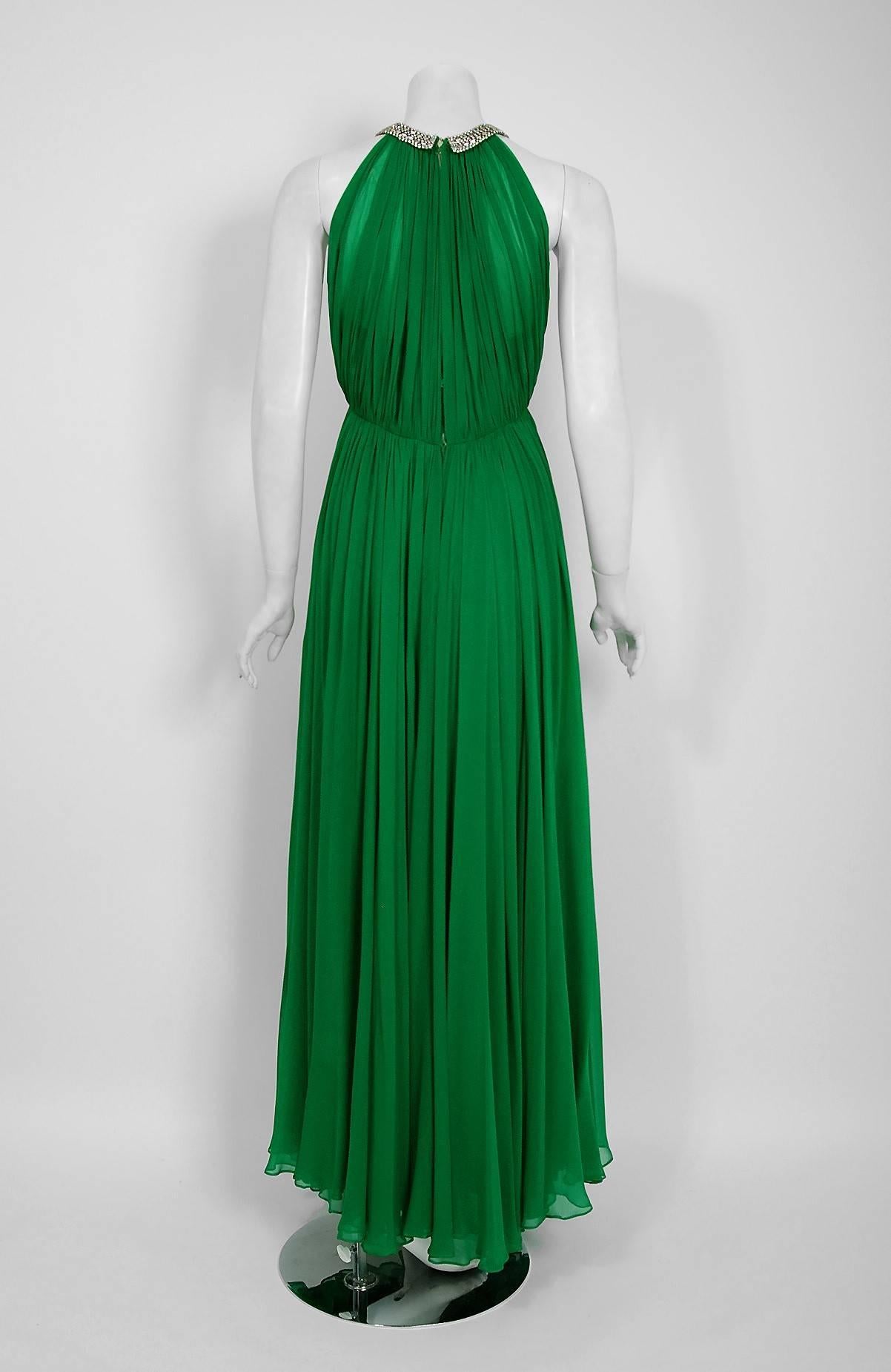 Women's 1960's Malcolm Starr Emerald-Green Draped Silk Chiffon Rhinestone Goddess Gown 