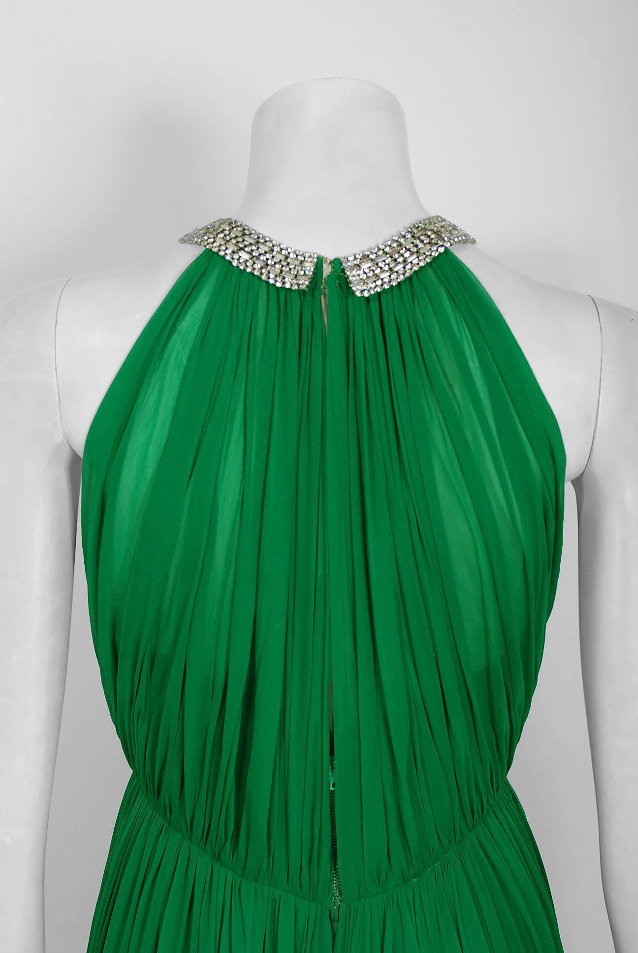 1960's Malcolm Starr Emerald-Green Draped Silk Chiffon Rhinestone Goddess Gown  1