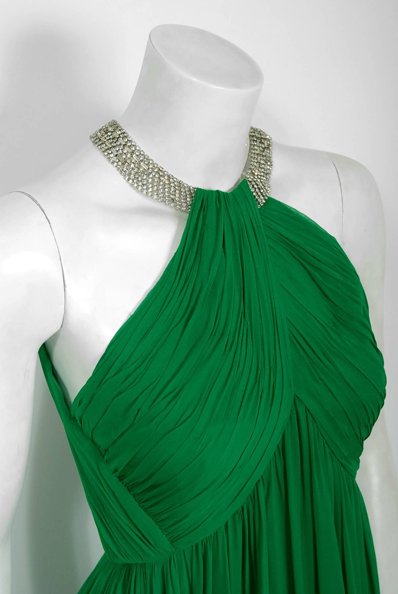 1960's Malcolm Starr Emerald-Green Draped Silk Chiffon Rhinestone Goddess Gown  In Excellent Condition In Beverly Hills, CA