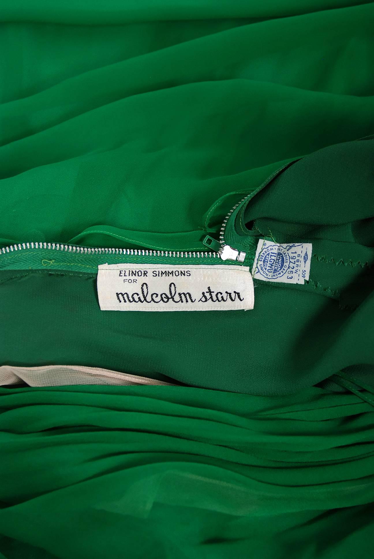 1960's Malcolm Starr Emerald-Green Draped Silk Chiffon Rhinestone Goddess Gown  2