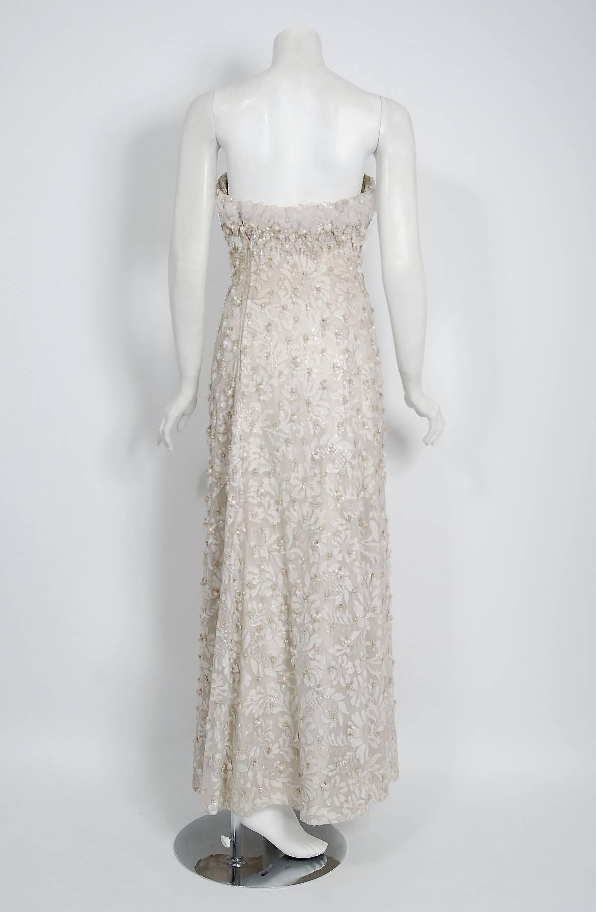 Gray Vintage 1965 Pierre Balmain Couture Ivory Beaded Lace Strapless Bridal Gown