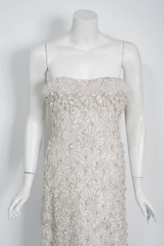 Vintage 1965 Pierre Balmain Couture Ivory Beaded Lace Strapless Bridal Gown