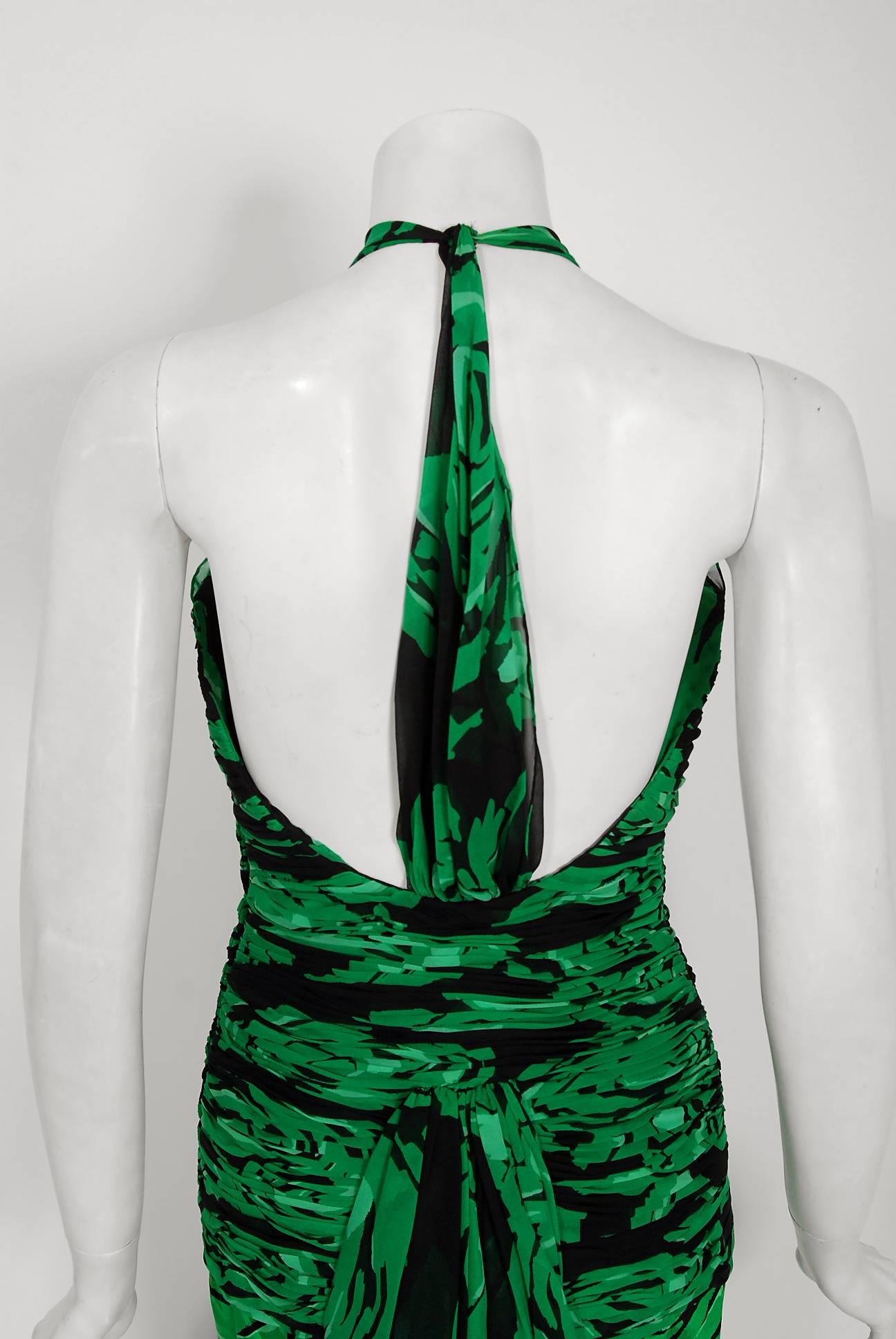 Vintage 1979 Valentino Green Roses Floral Draped Silk Criss-Cross Halter Gown In Good Condition In Beverly Hills, CA