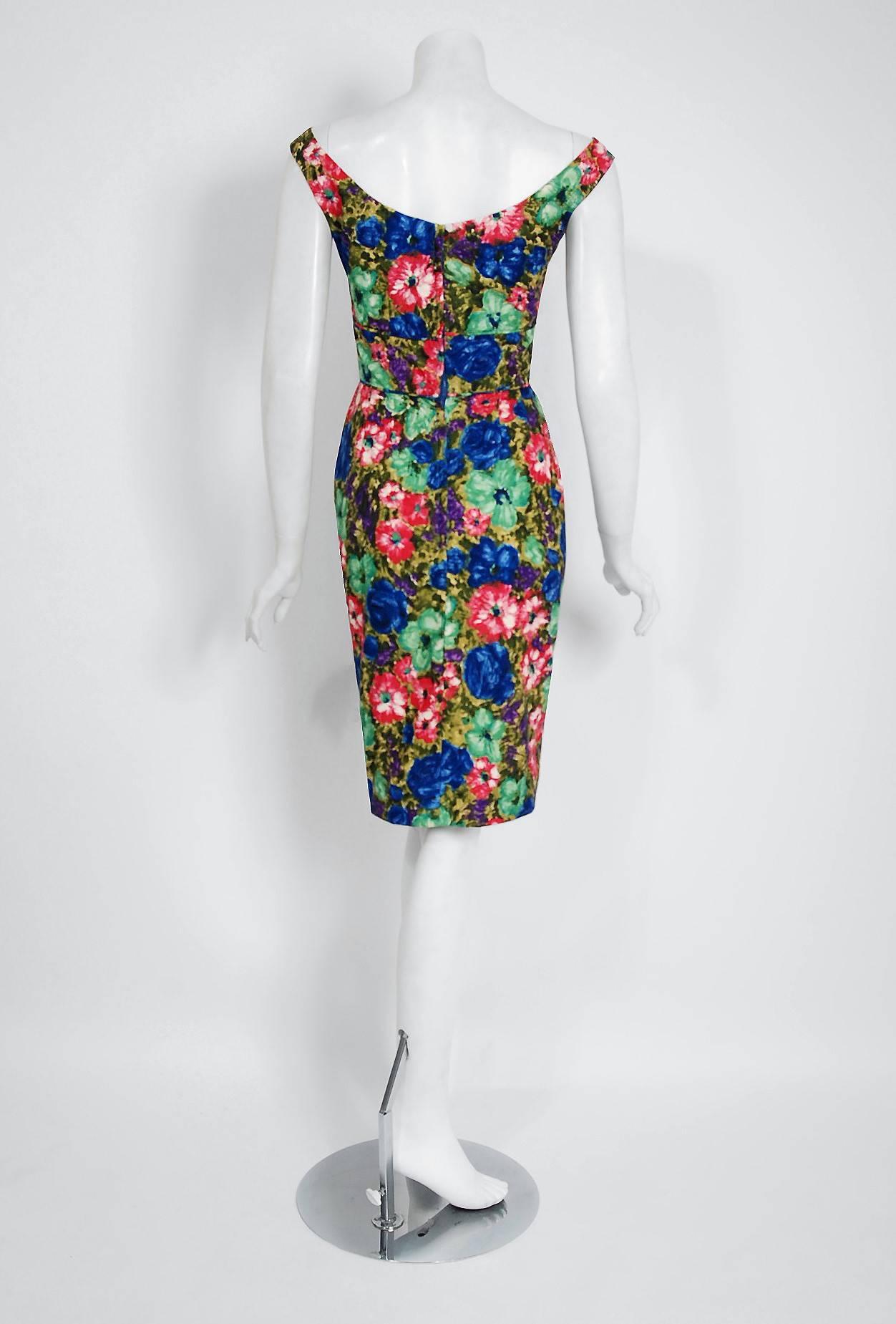 Women's 1950's Ceil Chapman Watercolor Rose Floral Print Cotton Shelf-Bust Wiggle Dress