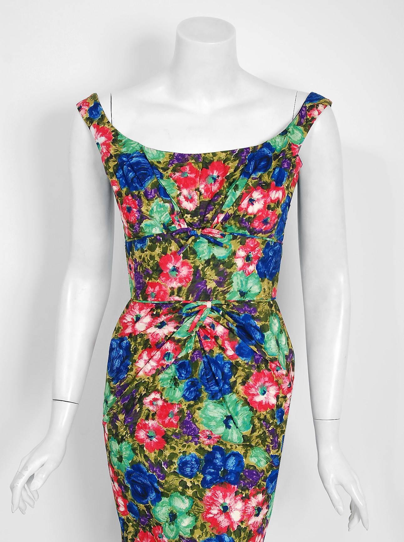 Black 1950's Ceil Chapman Watercolor Rose Floral Print Cotton Shelf-Bust Wiggle Dress