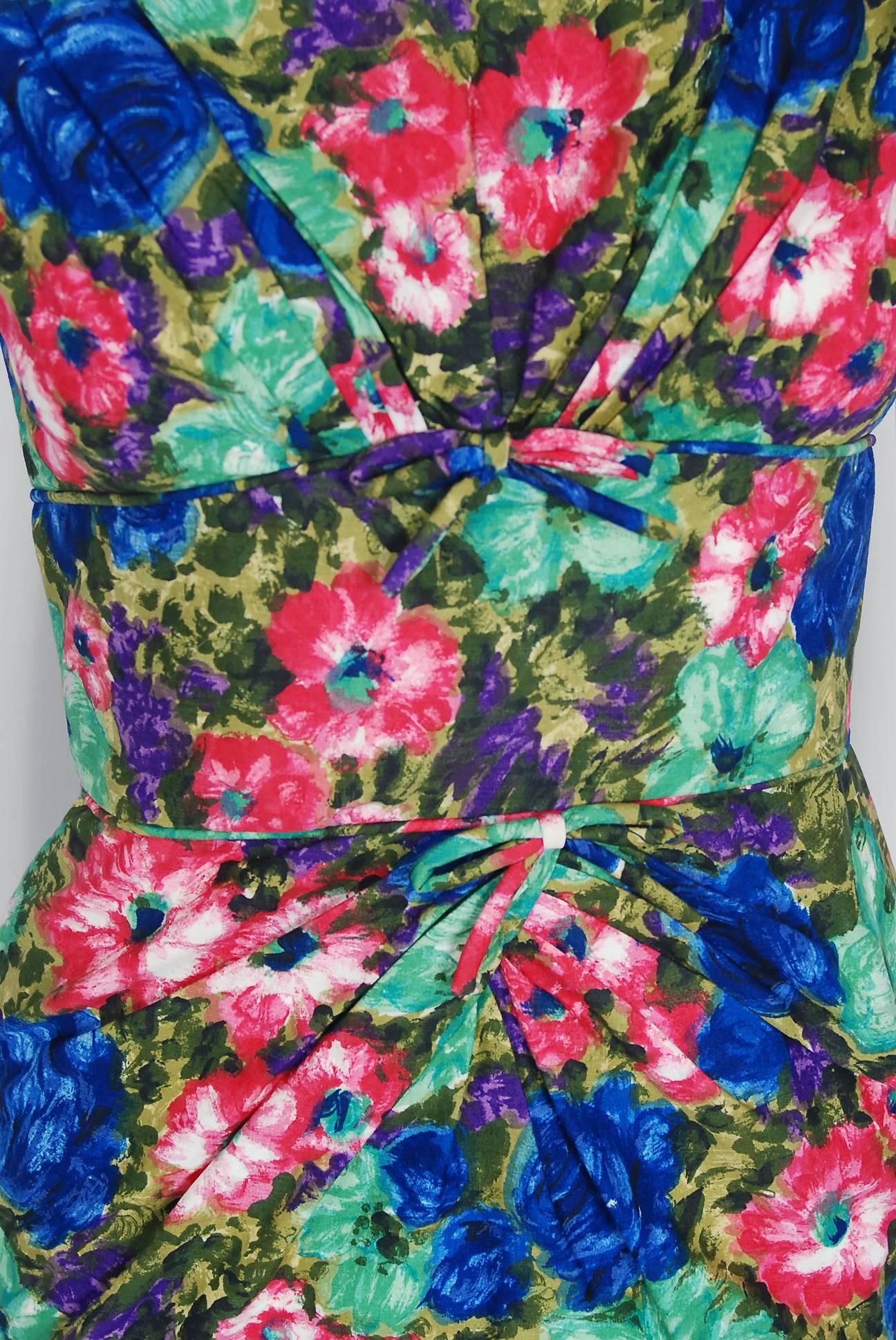 1950's Ceil Chapman Watercolor Rose Floral Print Cotton Shelf-Bust Wiggle Dress In Excellent Condition In Beverly Hills, CA