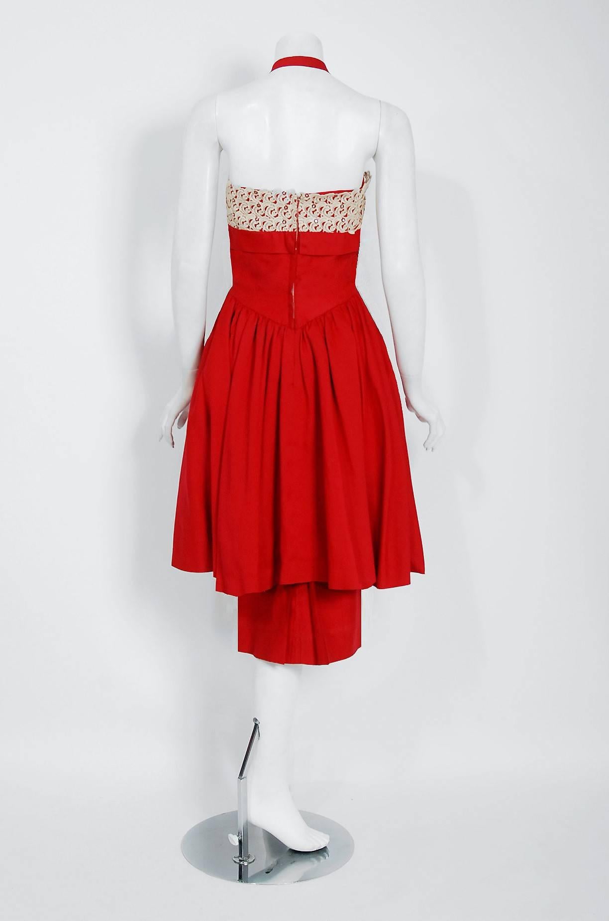 1950's Ruby-Red Cotton & Ivory Lace Shelf-Bust Halter Skirted Cocktail Dress  1