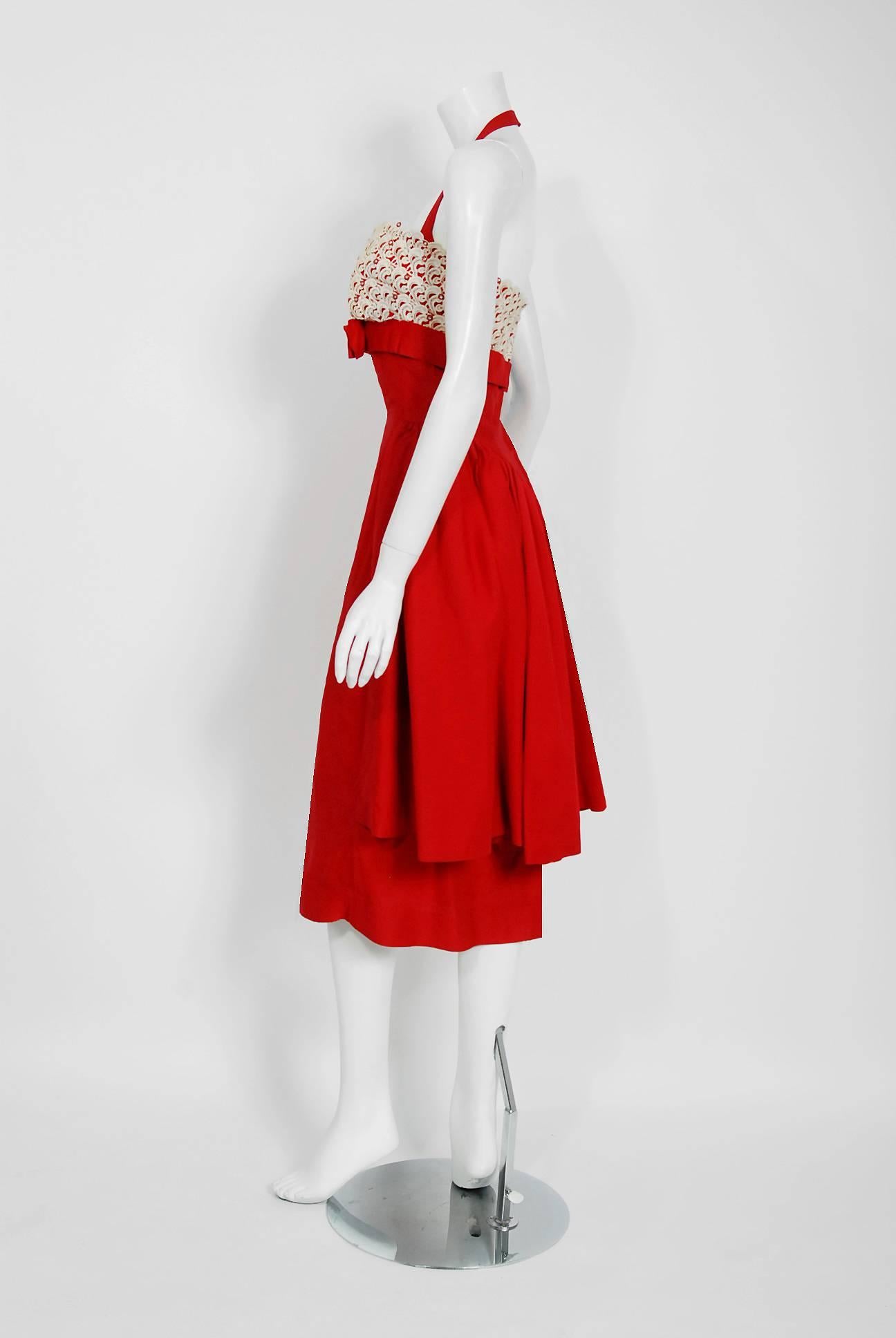 Women's 1950's Ruby-Red Cotton & Ivory Lace Shelf-Bust Halter Skirted Cocktail Dress 