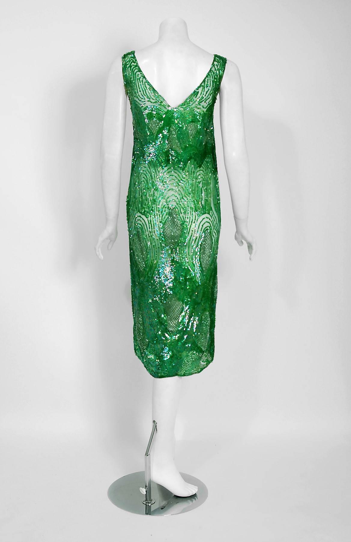 1920's Emerald Green Iridescent Beaded Sequin Art-Deco Sheer Net Flapper Dress In Excellent Condition In Beverly Hills, CA