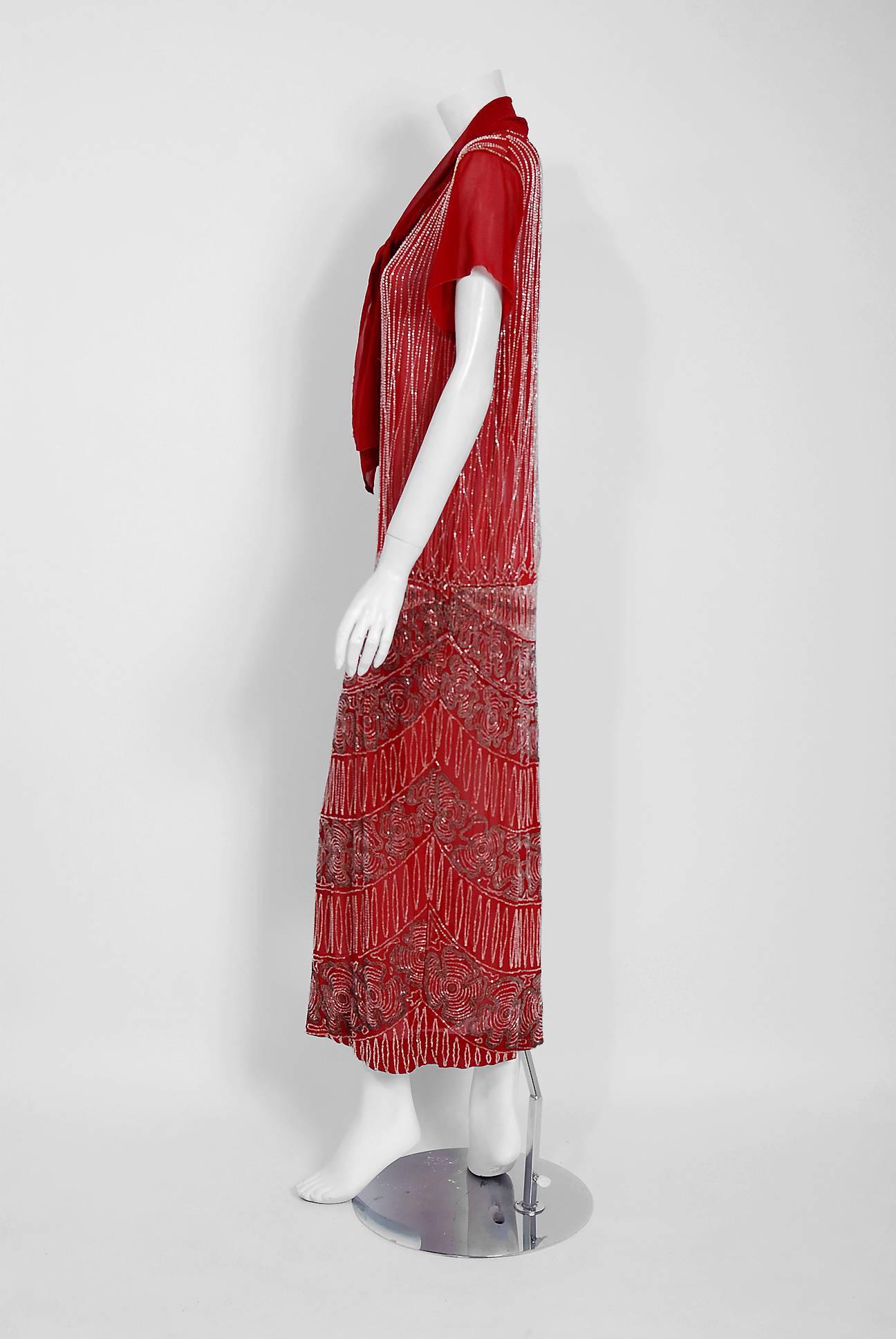  Robe de soirée vintage couture rouge bourgogne perlée en soie transparente avec nœud de foulard, années 1920 Pour femmes 
