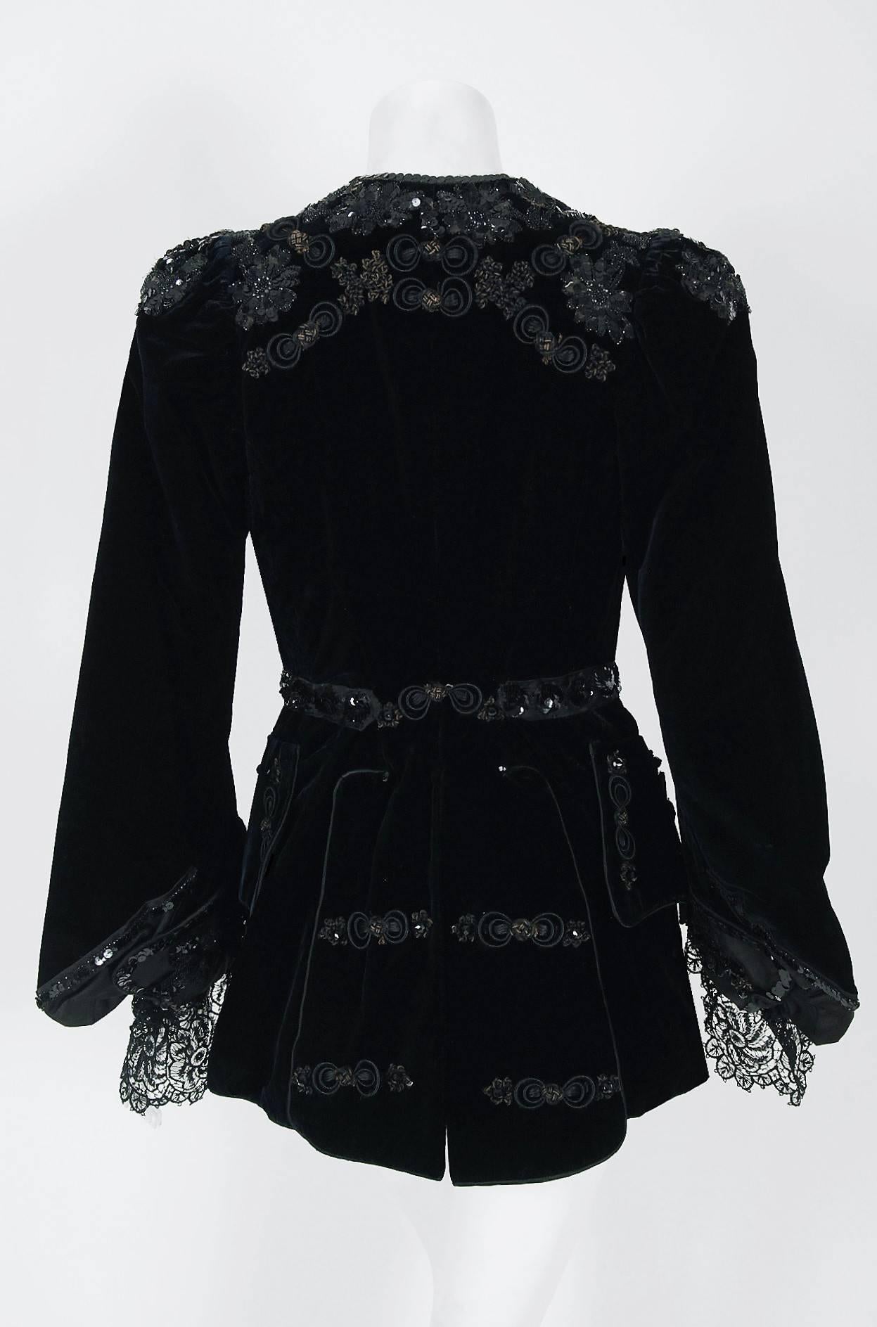 1910's Edwardian Antique Couture Black Beaded Sequin Velvet Poet-Sleeve Jacket  1