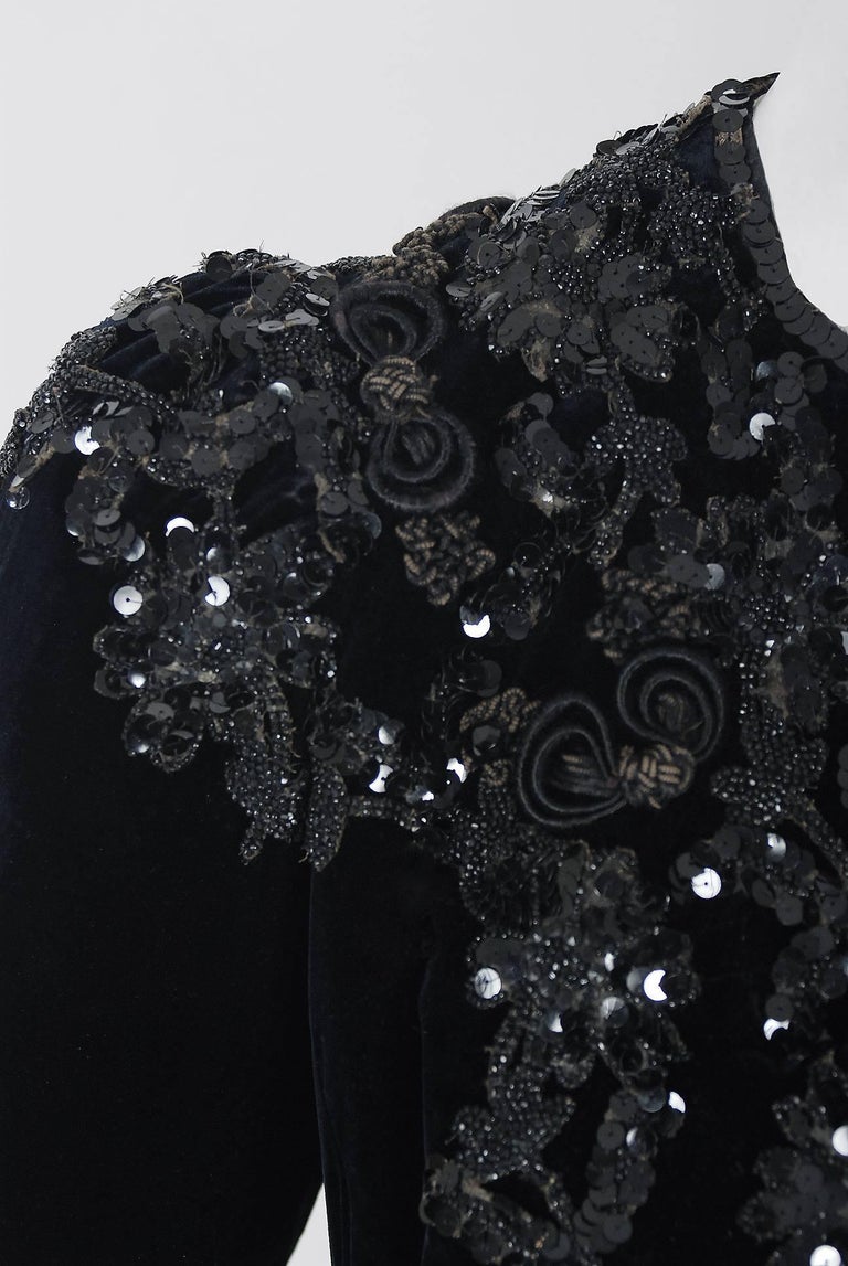 1910's Edwardian Antique Couture Black Beaded Sequin Velvet Poet-Sleeve ...