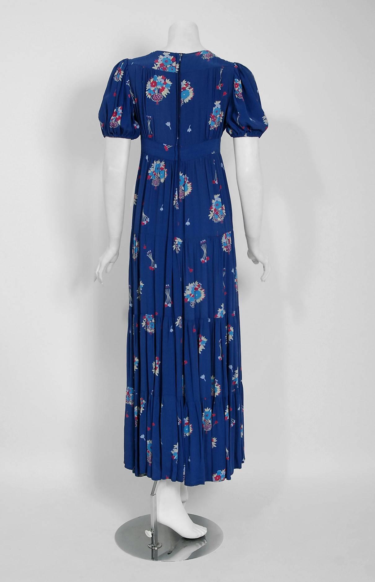 1970's Ossie Clark Blue Floral Celia Birtwell Print Rayon Puff-Sleeve Dress 1