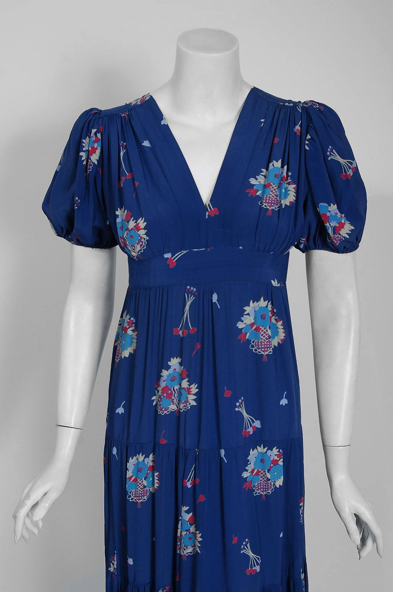 1970's Ossie Clark Blue Floral Celia Birtwell Print Rayon Puff-Sleeve Dress In Excellent Condition In Beverly Hills, CA