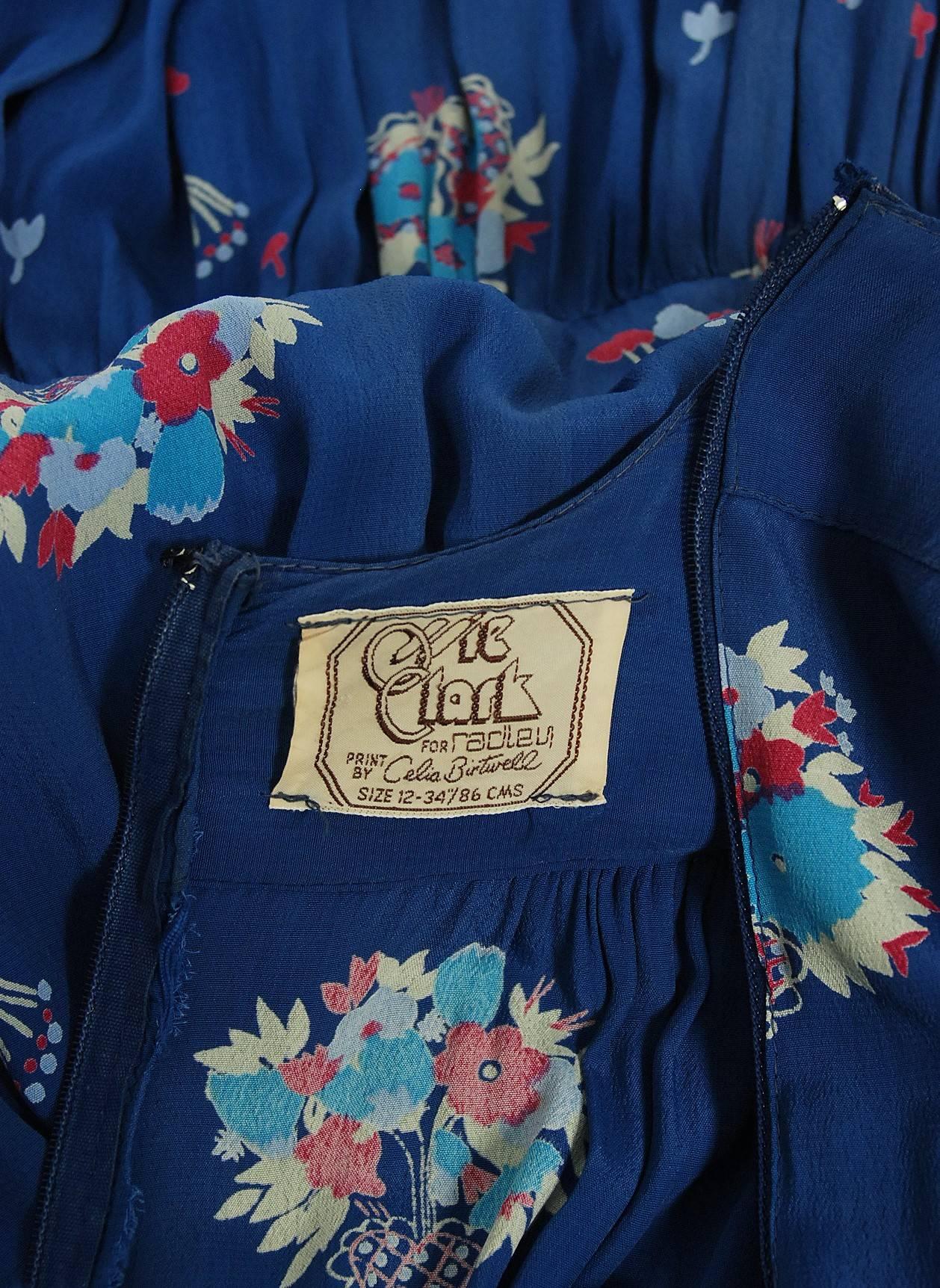 1970's Ossie Clark Blue Floral Celia Birtwell Print Rayon Puff-Sleeve Dress 2