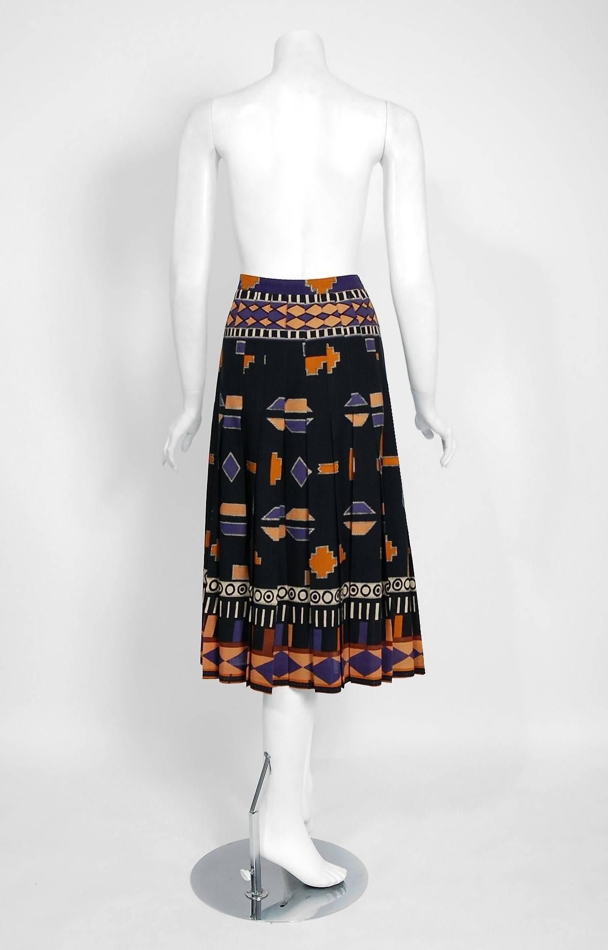 1969 Yves Saint Laurent Documented Graphic Op-Art Print Pleated Wool Wrap Skirt 1