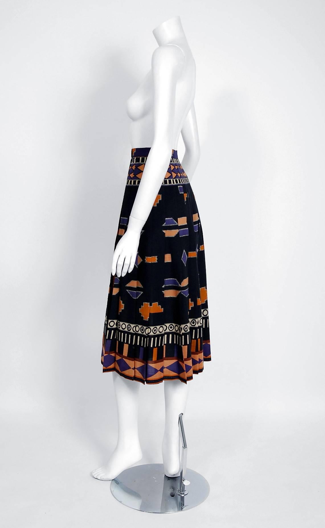 Women's 1969 Yves Saint Laurent Documented Graphic Op-Art Print Pleated Wool Wrap Skirt