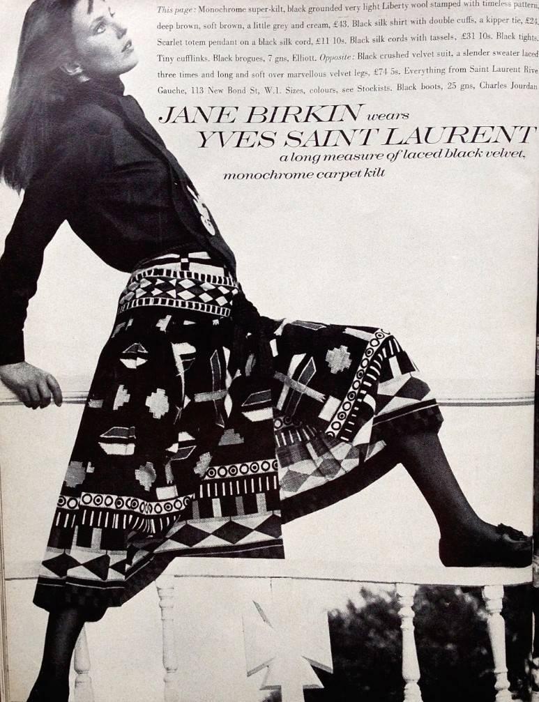 Gorgeous Yves Saint Laurent colorful Liberty light wool graphic print skirt from the famous fall/winter 1969 Rive Gauche collection. As pictured, this piece was highlighted by Jane Bikini in the pages of September Paris Vogue. Pieces from this