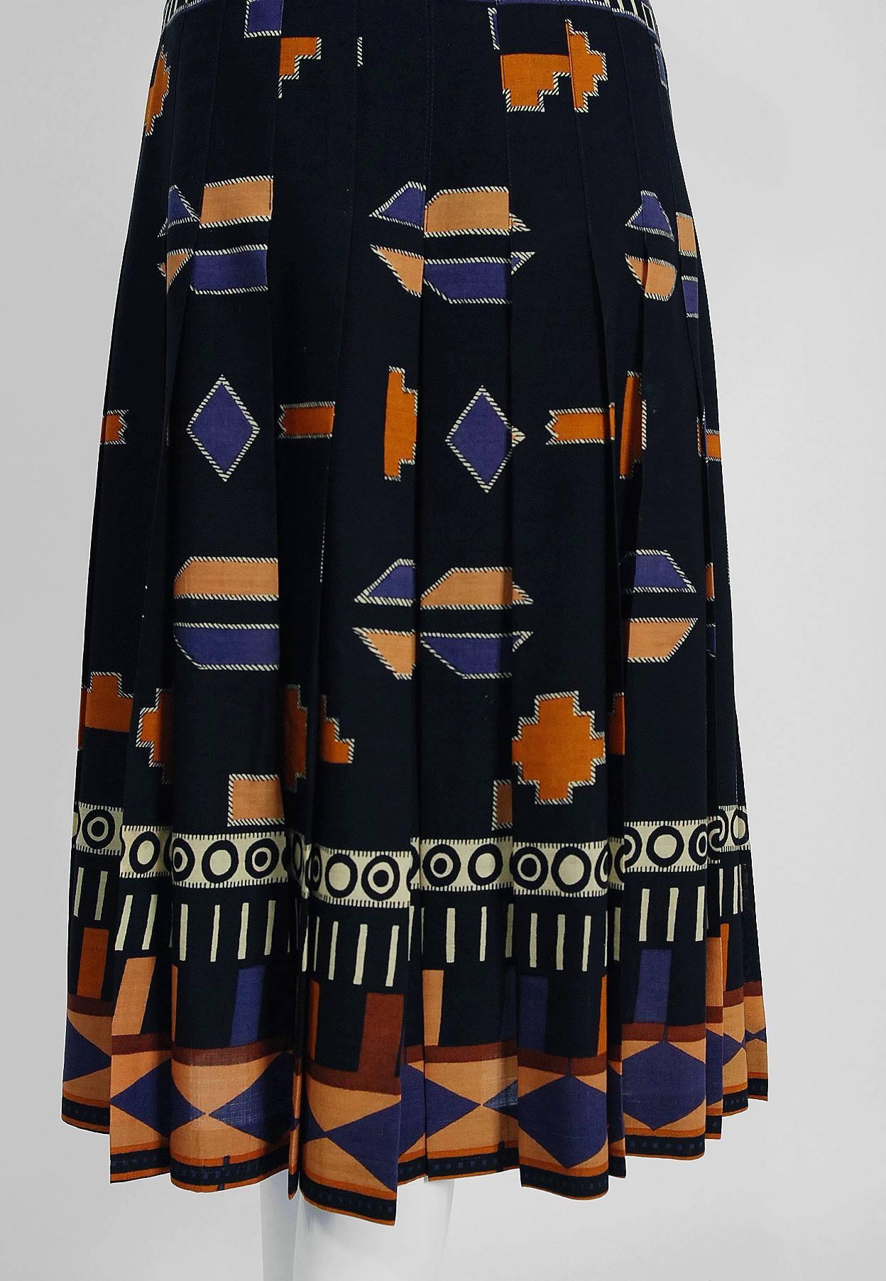 Black 1969 Yves Saint Laurent Documented Graphic Op-Art Print Pleated Wool Wrap Skirt