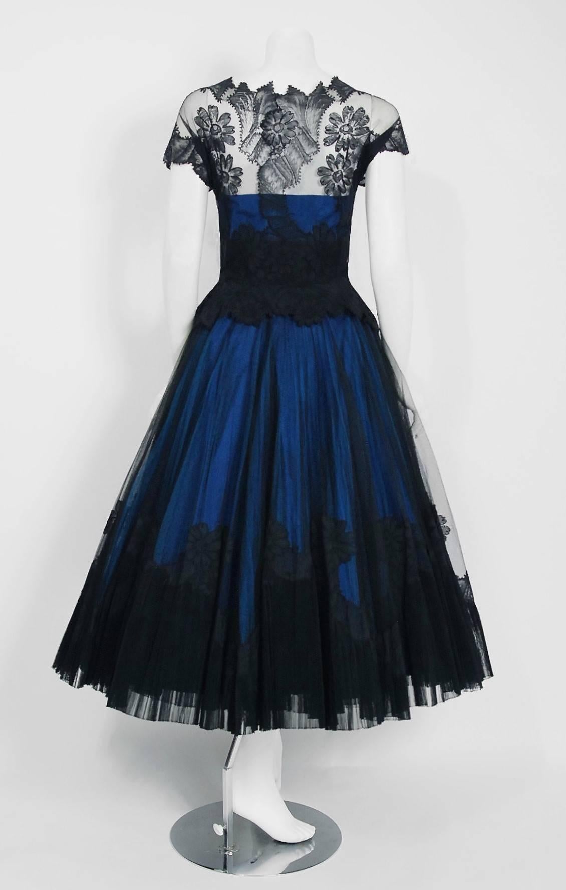 1955 Digby Morton Couture Black & Blue Floral Lace Illusion Pleated Party Dress 1