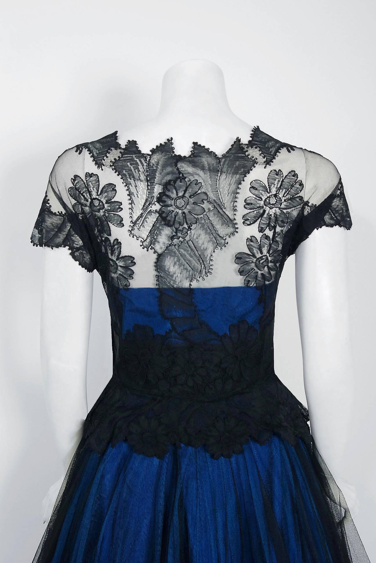 1955 Digby Morton Couture Black & Blue Floral Lace Illusion Pleated Party Dress 2