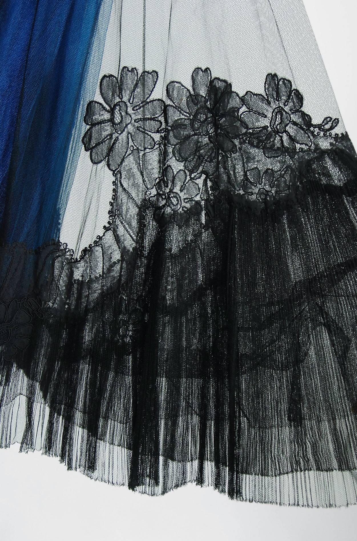 Women's 1955 Digby Morton Couture Black & Blue Floral Lace Illusion Pleated Party Dress