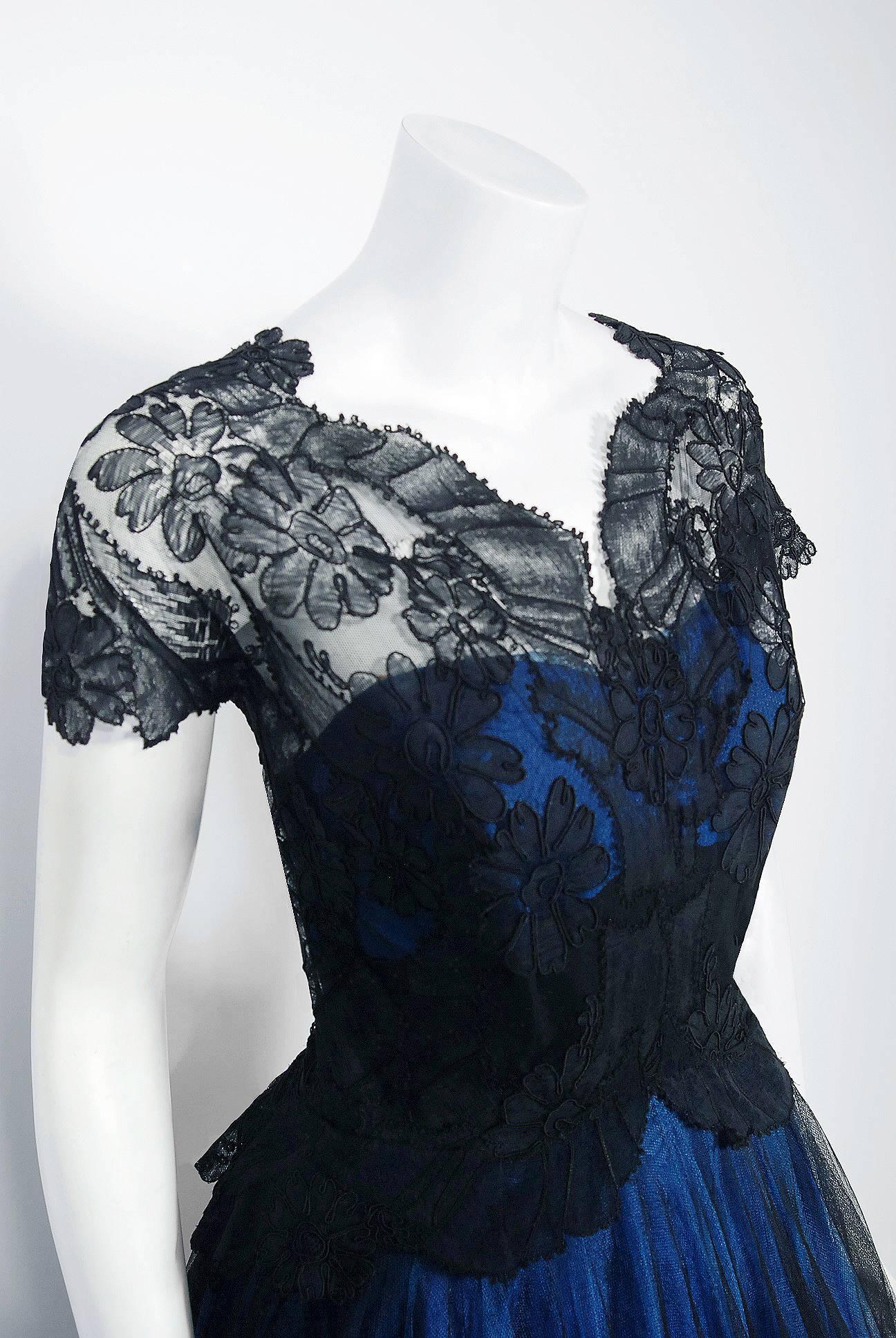 In this gorgeous 1955 Digby Morton Couture custom-made dress, the detailed construction and meticulous attention to detail are comparable to what you will find in modern Haute Couture. Henry Digby Morton was among the leading names of British