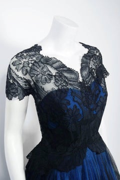1955 Digby Morton Couture Black & Blue Floral Lace Illusion Pleated Party Dress