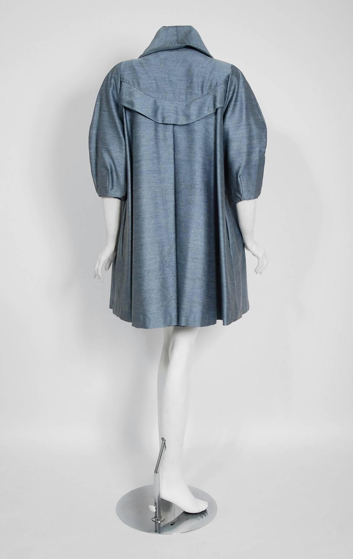 Women's 1960's Baby-Blue Stripe Silk Sleeveless Cocktail Dress & Puff-Sleeve Swing Coat