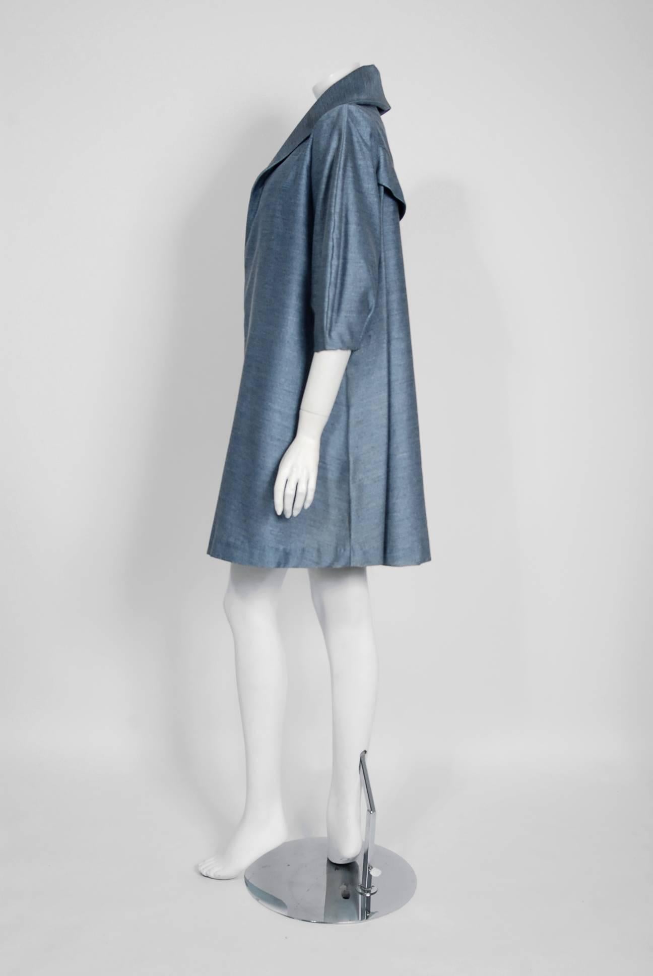 1960's Baby-Blue Stripe Silk Sleeveless Cocktail Dress & Puff-Sleeve Swing Coat In Excellent Condition In Beverly Hills, CA